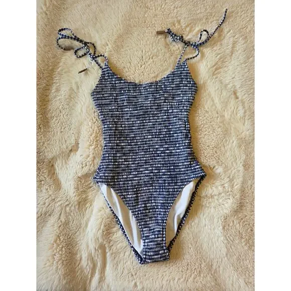 Sperry Womens Gingham Smocked Blue and white One Piece Swimsuit size Large - Picture 3 of 6
